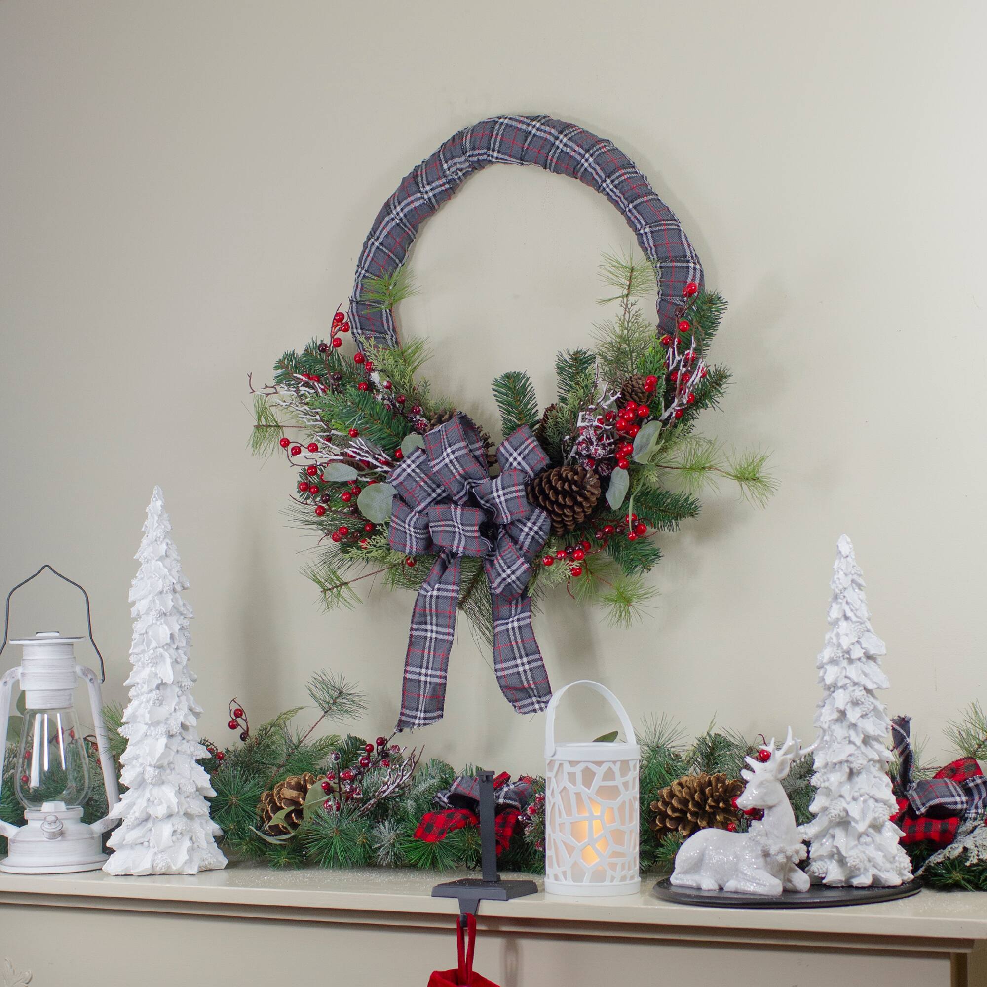 24" Unlit Gray & Red Plaid Artificial Christmas Wreath with Berries